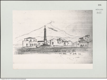 Vorderseite von Bibliotheca Hertziana [https://www.deutsche-digitale-bibliothek.de/content/lizenzen/rv-ez/] Skizzenbuch Capri, SizilienAnsicht des Ätna vom Molo aus gesehen (Catania) - rechts, bh530197_recto. Foto.