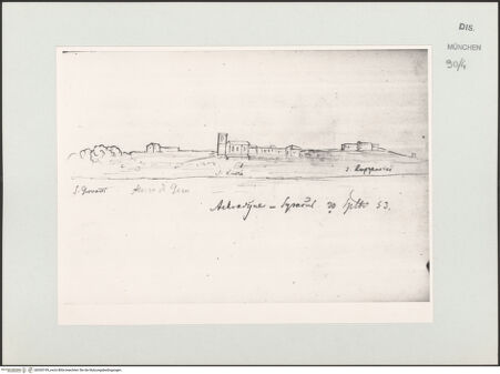 Vorderseite von Bibliotheca Hertziana [https://www.deutsche-digitale-bibliothek.de/content/lizenzen/rv-ez/] Skizzenbuch Capri, SizilienAnsicht von Syrakus - rechts, bh530199_recto. Foto.