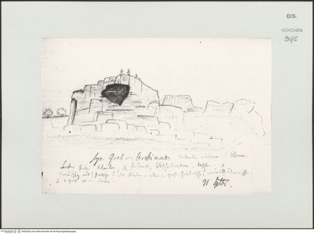 Vorderseite von Bibliotheca Hertziana [https://www.deutsche-digitale-bibliothek.de/content/lizenzen/rv-ez/] Skizzenbuch Capri, SizilienSyrakus: Felsengräber der Nekropole Grotticelli mit dem sogenannten Grabmal des Archimedes - , bh530204_recto. Foto.