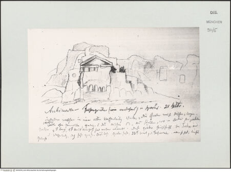 Vorderseite von Bibliotheca Hertziana [https://www.deutsche-digitale-bibliothek.de/content/lizenzen/rv-ez/] Skizzenbuch Capri, SizilienSyrakus: Felsengräber der Nekropole Grotticelli mit dem sogenannten Grabmal des Archimedes - , bh530205_recto. Foto.