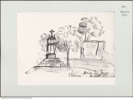 Vorderseite von Bibliotheca Hertziana [https://www.deutsche-digitale-bibliothek.de/content/lizenzen/rv-ez/] Skizzenbuch Capri, SizilienDer Garten um Santa Maria di Gesù in Palermo - , bh530207_recto. Foto.