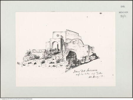 Vorderseite von Bibliotheca Hertziana [https://www.deutsche-digitale-bibliothek.de/content/lizenzen/rv-ez/] Skizzenbuch Capri, SizilienCapri, Santa Maria del Soccorso auf der Villa des Tiberius - , bh530219_recto. Foto.