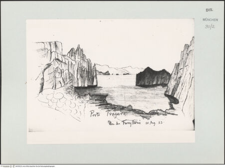 Vorderseite von Bibliotheca Hertziana [https://www.deutsche-digitale-bibliothek.de/content/lizenzen/rv-ez/] Skizzenbuch Capri, SizilienAnsicht des Porto Tragara zu den Faraglioni hinaus - , bh530223_recto. Foto.