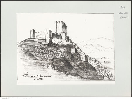 Vorderseite von Bibliotheca Hertziana [https://www.deutsche-digitale-bibliothek.de/content/lizenzen/rv-ez/] Skizzenbuch Latium, KampanienAnsicht der Burg Janula über San Germano (Montecassino) - , bh530235_recto. Foto.