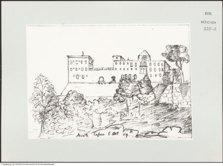 Vorderseite von Bibliotheca Hertziana [https://www.deutsche-digitale-bibliothek.de/content/lizenzen/rv-ez/] Skizzenbuch Latium, KampanienAnsicht der Abtei von Montecassino - , bh530236_recto. Foto.