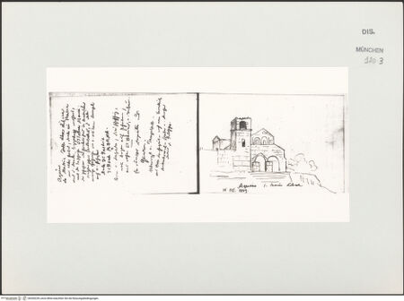 Vorderseite von Bibliotheca Hertziana [https://www.deutsche-digitale-bibliothek.de/content/lizenzen/rv-ez/] Skizzenbuch Latium, KampanienSanta Maria della Libera in Aquino - rechts, mit Textseite, bh530239_recto. Foto.