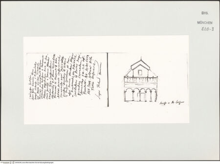Vorderseite von Bibliotheca Hertziana [https://www.deutsche-digitale-bibliothek.de/content/lizenzen/rv-ez/] Skizzenbuch Latium, KampanienDie Kirche von Montecassino - rechts, mit Textseite, bh530240_recto. Foto.