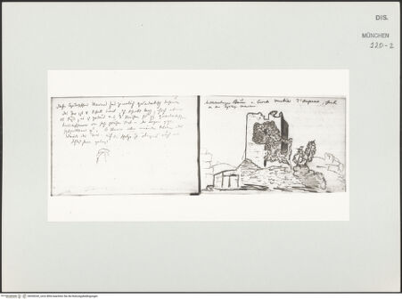 Vorderseite von Bibliotheca Hertziana [https://www.deutsche-digitale-bibliothek.de/content/lizenzen/rv-ez/] Skizzenbuch Latium, KampanienMittelalterliche Ruinen bei Civita Vecchia d'Arpino - rechts, mit Textseite, bh530242_recto. Foto.