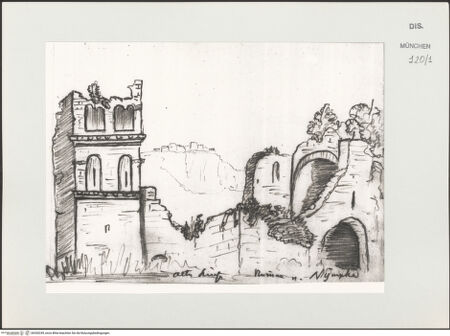 Vorderseite von Bibliotheca Hertziana [https://www.deutsche-digitale-bibliothek.de/content/lizenzen/rv-ez/] Skizzenbuch Latium, KampanienAnsicht der Ruinen von Ninfa - , bh530249_recto. Foto.