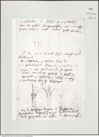 Vorderseite von Bibliotheca Hertziana [https://www.deutsche-digitale-bibliothek.de/content/lizenzen/rv-ez/] Skizzenbuch Latium, KampanienTextseite mit architektonischen Entwürfen der Abbazia di Casamari - oben, bh530252_recto. Foto.