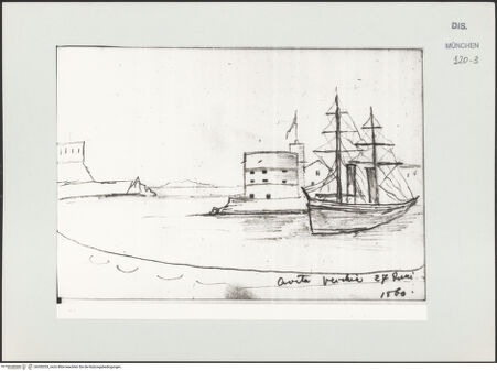 Vorderseite von Bibliotheca Hertziana [https://www.deutsche-digitale-bibliothek.de/content/lizenzen/rv-ez/] Skizzenbuch Latium, KampanienAnsicht des Hafens von Civitavecchia - , bh530253_recto. Foto.