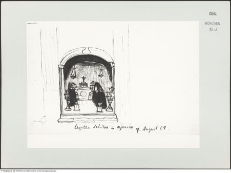 Vorderseite von Bibliotheca Hertziana [https://www.deutsche-digitale-bibliothek.de/content/lizenzen/rv-ez/] Korsika-SkizzenbuchInnenansicht der Cappella Latina in Ajaccio (Korsika) - , bh530263_recto. Foto.