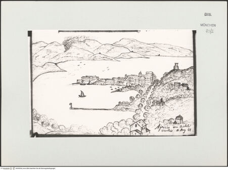 Vorderseite von Bibliotheca Hertziana [https://www.deutsche-digitale-bibliothek.de/content/lizenzen/rv-ez/] Korsika-SkizzenbuchAjaccio in Korsika vom Castel Vecchio aus gesehen - , bh530264_recto. Foto.