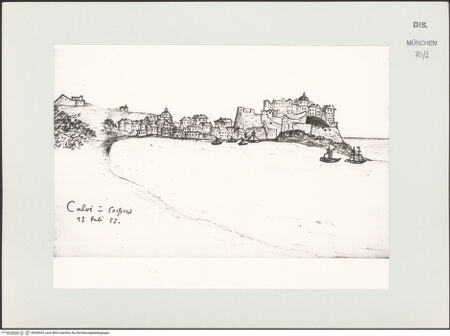 Vorderseite von Bibliotheca Hertziana [https://www.deutsche-digitale-bibliothek.de/content/lizenzen/rv-ez/] Korsika-SkizzenbuchAnsicht von Calvi (Korsika) - , bh530265_recto. Foto.