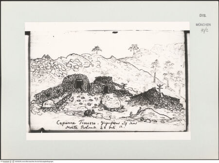 Vorderseite von Bibliotheca Hertziana [https://www.deutsche-digitale-bibliothek.de/content/lizenzen/rv-ez/] Korsika-SkizzenbuchHütten auf dem Monte Rotondo in Korsika - , bh530269_recto. Foto.