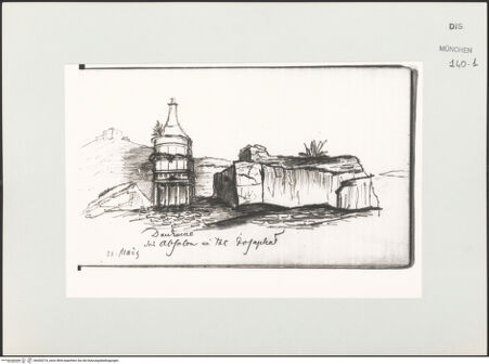 Vorderseite von Bibliotheca Hertziana [https://www.deutsche-digitale-bibliothek.de/content/lizenzen/rv-ez/] Skizzenbuch Vorderasien, Palästina, ZypernJerusalem, Tal Josaphat, Grabmal des Absalom (Das Denkmal des Absalom im Tal Josaphat) - , bh530274_recto. Foto.