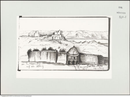 Vorderseite von Bibliotheca Hertziana [https://www.deutsche-digitale-bibliothek.de/content/lizenzen/rv-ez/] Skizzenbuch Vorderasien, Palästina, ZypernJerusalem: Ansicht eines unidentifizierten Stadttor auf dem Ölberg (Himmelfahrtskapelle?) - , bh530275_recto. Foto.