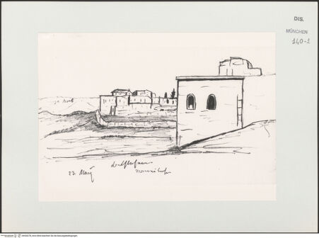 Vorderseite von Bibliotheca Hertziana [https://www.deutsche-digitale-bibliothek.de/content/lizenzen/rv-ez/] Skizzenbuch Vorderasien, Palästina, ZypernAnsicht einer unbekannten Ortschaft vermutlich in Palästina (Moab im Hintergrund) - , bh530278_recto. Foto.