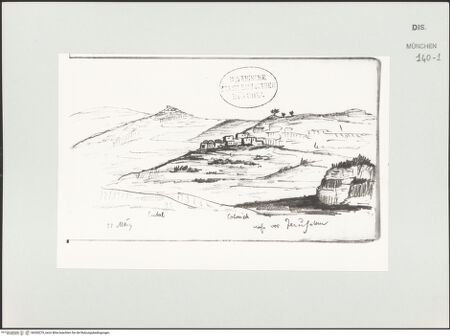 Vorderseite von Bibliotheca Hertziana [https://www.deutsche-digitale-bibliothek.de/content/lizenzen/rv-ez/] Skizzenbuch Vorderasien, Palästina, ZypernFernansicht einer Stadt (vor Jerusalem?) - , bh530279_recto. Foto.