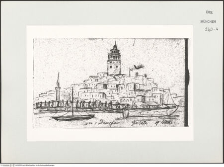 Vorderseite von Bibliotheca Hertziana [https://www.deutsche-digitale-bibliothek.de/content/lizenzen/rv-ez/] Skizzenbuch Vorderasien, Palästina, ZypernIstanbul, Ansicht der Stadt und Galata Turm - , bh530292_recto. Foto.