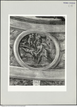 Vorderseite von Sopr. BAS ROMA [https://www.deutsche-digitale-bibliothek.de/content/lizenzen/rv-ez/] KapellenausmalungGrisaille-Medaillon, Die heilige Barbara wird von ihrem Vater vor den Richter geschleift - , bh530303_recto. Foto.