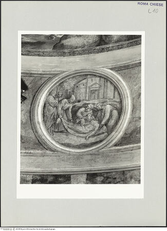 Vorderseite von Sopr. BAS ROMA [https://www.deutsche-digitale-bibliothek.de/content/lizenzen/rv-ez/] KapellenausmalungGrisaille-Medaillon, Die heilige Barbara wird von Christen begraben - , bh530304_recto. Foto.