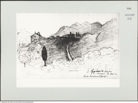 Vorderseite von Bibliotheca Hertziana [https://www.deutsche-digitale-bibliothek.de/content/lizenzen/rv-ez/] Skizzenbuch Latium, Kampanien, CapriVicovaro, San Cosimato Kloster (im Hintergrund) und Kapelle - , bh530552_recto. Foto.