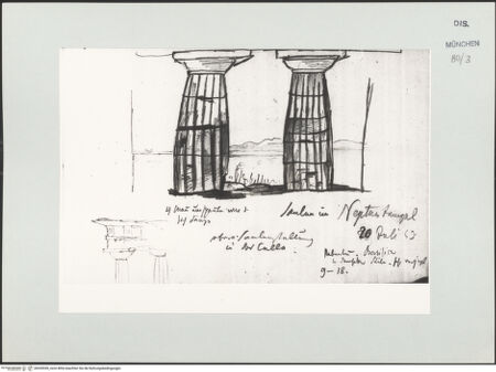 Vorderseite von Bibliotheca Hertziana [https://www.deutsche-digitale-bibliothek.de/content/lizenzen/rv-ez/] Skizzenbuch Latium, Kampanien, CapriSäulenstellung des Neptunstempels (Heratempel II) in Paestum - , bh530559_recto. Foto.