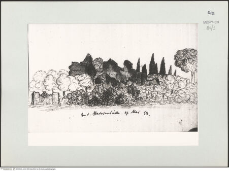 Vorderseite von Bibliotheca Hertziana [https://www.deutsche-digitale-bibliothek.de/content/lizenzen/rv-ez/] Skizzenbuch Latium, Kampanien, CapriAnsicht der Hadriansvilla - , bh530566_recto. Foto.