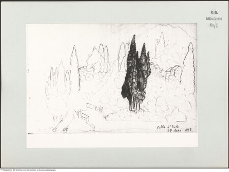 Vorderseite von Bibliotheca Hertziana [https://www.deutsche-digitale-bibliothek.de/content/lizenzen/rv-ez/] Skizzenbuch Latium, Kampanien, CapriAnsicht der Villa d'Este - , bh530568_recto. Foto.