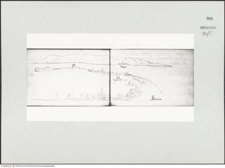 Vorderseite von Bibliotheca Hertziana [https://www.deutsche-digitale-bibliothek.de/content/lizenzen/rv-ez/] Skizzenbuch Capri, SizilienPanoramaansicht von Messina und des Stretto - , bh530706_recto. Foto.