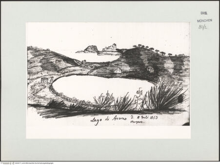 Vorderseite von Bibliotheca Hertziana [https://www.deutsche-digitale-bibliothek.de/content/lizenzen/rv-ez/] Skizzenbuch Latium, Kampanien, CapriAnsicht des Lago di Averno - , bh530711_recto. Foto.