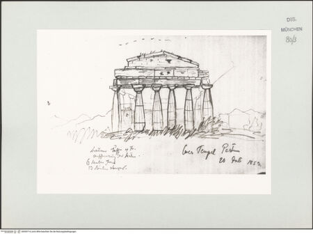 Vorderseite von Bibliotheca Hertziana [https://www.deutsche-digitale-bibliothek.de/content/lizenzen/rv-ez/] Skizzenbuch Latium, Kampanien, CapriCeres-Tempel (Athenatempel) bei Paestum - , bh530714_recto. Foto.