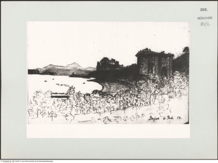 Vorderseite von Bibliotheca Hertziana [https://www.deutsche-digitale-bibliothek.de/content/lizenzen/rv-ez/] Skizzenbuch Latium, Kampanien, CapriAnsicht von Baia bei Pozzuoli - , bh530715_recto. Foto.