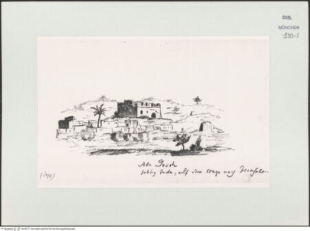 Vorderseite von Bibliotheca Hertziana [https://www.deutsche-digitale-bibliothek.de/content/lizenzen/rv-ez/] Skizzenbuch Vorderasien, Ägypten, PalästinaAnsicht einer unidentifizierten Festung zwischen Jerusalem und Abu Ghosh - , bh530717_recto. Foto.