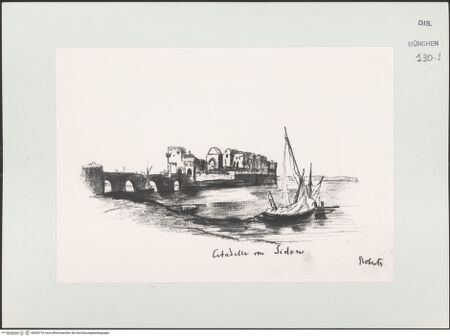 Vorderseite von Bibliotheca Hertziana [https://www.deutsche-digitale-bibliothek.de/content/lizenzen/rv-ez/] Skizzenbuch Vorderasien, Ägypten, PalästinaAnsicht von Sidon (Libanon) - , bh530718_recto. Foto.