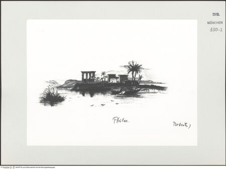 Vorderseite von Bibliotheca Hertziana [https://www.deutsche-digitale-bibliothek.de/content/lizenzen/rv-ez/] Skizzenbuch Vorderasien, Ägypten, PalästinaAnsicht des Tempels von Philae - , bh530720_recto. Foto.