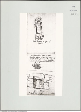 Vorderseite von Bibliotheca Hertziana [https://www.deutsche-digitale-bibliothek.de/content/lizenzen/rv-ez/] Skizzenbuch LatiumBeato (San) Lorenzo im Sacro Speco in Subiaco; Tor von Alatri - oben, bh530731_recto. Foto.