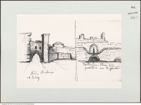 Vorderseite von Bibliotheca Hertziana [https://www.deutsche-digitale-bibliothek.de/content/lizenzen/rv-ez/] Skizzenbuch Vorderasien, Palästina, ZypernJerusalem: Antonia Turm (Burg Antonia), links; Stadtmauer mit unidentifiziertem Tor, rechts - , bh530732_recto. Foto.