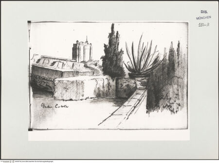 Vorderseite von Bibliotheca Hertziana [https://www.deutsche-digitale-bibliothek.de/content/lizenzen/rv-ez/] Skizzenbuch LatiumAnsicht des Gartens der Colonna (Torre delle Milizie im Hintergrund) - , bh530734_recto. Foto.