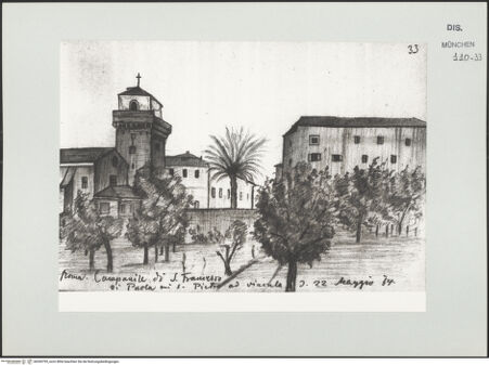 Vorderseite von Bibliotheca Hertziana [https://www.deutsche-digitale-bibliothek.de/content/lizenzen/rv-ez/] Skizzenbuch Latium, RomRoma, Glockenturm der Kirche San Francesco di Paola bei San Pietro in Vincoli - , bh530795_recto. Foto.