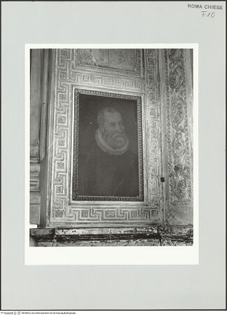 Vorderseite von Sopr. BAS ROMA [https://rightsstatements.org/page/CNE/1.0/] KapellenausstattungJohannes der Täufer, ein heiliger Bischof sowie ein Porträt des Stifters - Detail, Stifterporträt, bh530842_recto. Foto.