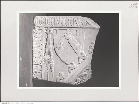 Vorderseite von Pedicini, Luciano [https://www.deutsche-digitale-bibliothek.de/content/lizenzen/rv-ez/] Grabplatte eines Ritters (gest. 1383) - Rahmen, Bekrönung, linke Ecke: Wappen, bh532015_recto. Foto: Pedicini, Luciano.