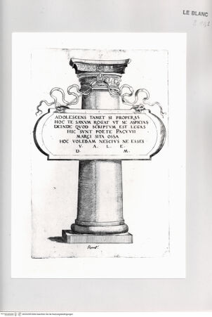 Vorderseite von Bibliotheca Hertziana [http://creativecommons.org/publicdomain/mark/1.0/] Monumenta clarorum doctrina praecipuè ...Tafel 5: Grabsäule des Dichters Pacuvius mit Gedenktafel in Rom - , bh533359. Foto.