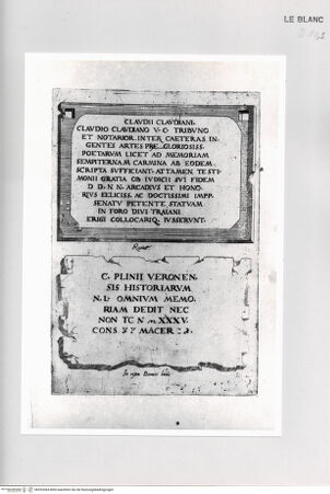 Vorderseite von Bibliotheca Hertziana [http://creativecommons.org/publicdomain/mark/1.0/] Monumenta clarorum doctrina praecipuè ...Tafel 9: Die Grabtafeln des Claudius Claudianus in Rom und des C. Plinius - , bh533364. Foto.