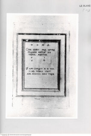 Vorderseite von Bibliotheca Hertziana [http://creativecommons.org/publicdomain/mark/1.0/] Monumenta clarorum doctrina praecipuè ...Tafel 14: Grabplatte eines Dichters in Wien - , bh533369. Foto.