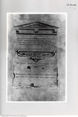 Vorderseite von Bibliotheca Hertziana [http://creativecommons.org/publicdomain/mark/1.0/] Monumenta clarorum doctrina praecipuè ...Tafel 18: Das Grab des Giano Pannonio und des Angelo Poliziano - , bh533373. Foto.