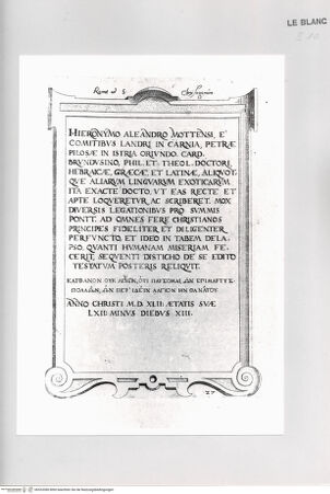 Vorderseite von Bibliotheca Hertziana [http://creativecommons.org/publicdomain/mark/1.0/] Monumenta clarorum doctrina praecipuè ...Tafel 27: Grabplatte des Girolamo Alessandri(?) in Rom, San Crisogono - , bh533380. Foto.