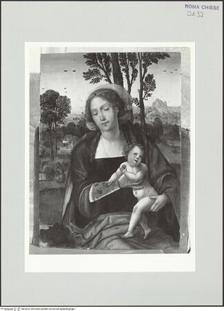 Vorderseite von Sopr. BAS ROMA [https://www.deutsche-digitale-bibliothek.de/content/lizenzen/rv-ez/] Madonna mit Kind vor Landschaft - , bh533592_recto. Foto.