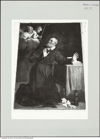 Vorderseite von Sopr. BAS ROMA [https://www.deutsche-digitale-bibliothek.de/content/lizenzen/rv-ez/] Engelserscheinung des heiligen Filippo Neri beim Gebet - , bh533601_recto. Foto.